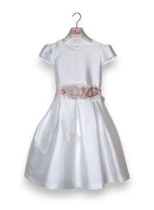 Abito mikado mezza manica+cintura fiori rosa