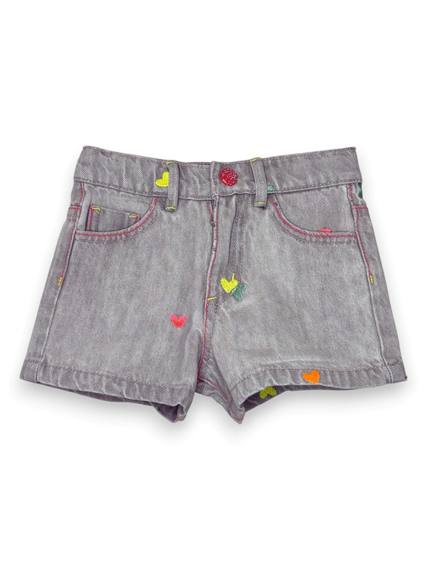 Short denim cuoricini ricamati multicolor