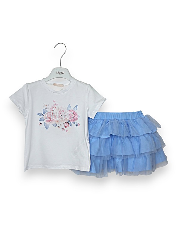 T-shirt stampa fiori+gonna a balze tulle