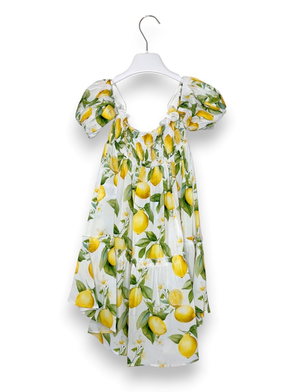 Abito svasato spalle nude stampa limoni